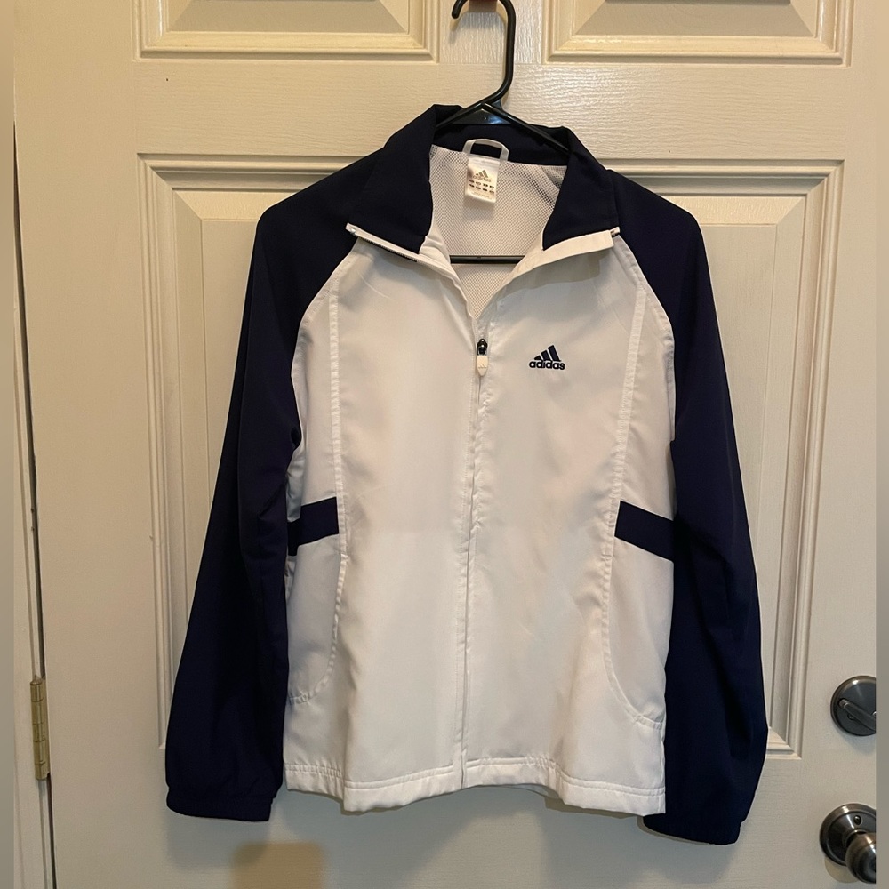 Adidas navy blue and white Womens light weight nylon athletic jacket